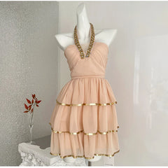 Orange Sequin Necked Gold Trim Hem Mini Dress