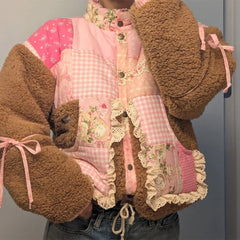 Patchwork Floral Gingham Print Bow Decor Fleece Jacket