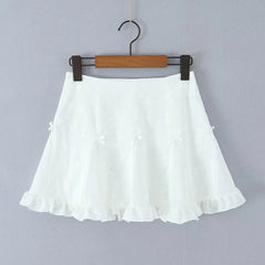 White Strapless Ribbion Lace Up Corset Top And Frill Bow Mini Skirt Set