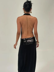 Backless Halter Sequin Patchwork Maxi Dress