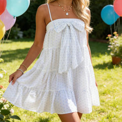 White Cami Polka Dot Bow Square Neck Spaghetti Strap Mini Dress