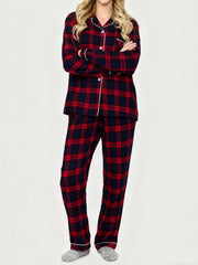 Plaid Print Long Sleeve Button Down Tops And Elastic Waist Pants Christmas Pajama Set