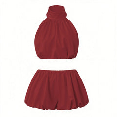 Polka Dot Halter Crop Top And Mini Bubble Skirt Set