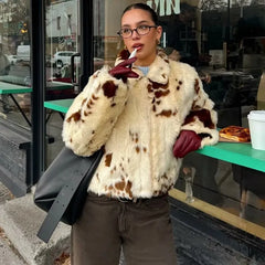 Animal Print Faux Fur Zip Short Coat