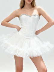 Beaded Neck Strapless Corset Tulle Flare Mini Dress