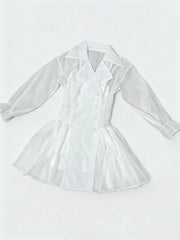 White Long Sleeve Mesh Ruffles Double Breasted Mini Dress