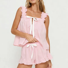 Bow Ruffle Trim Square Neck Shirt And Shorts Pajama Set