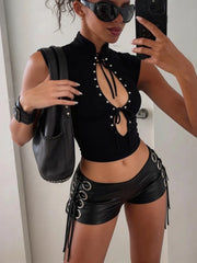Black Metal Rings Faux Leather Tassel Shorts