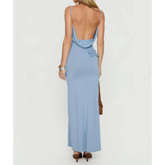 Blue Knit 3D Flower Decor Maxi Dress