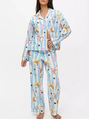 Blue Stripe Long Sleeve Pattern Print Shirt And Wide Leg Pants Sleepwear Set