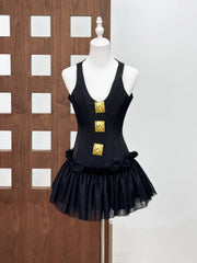 Sleeveless Metal Buckle Mesh Folds Mini Dress