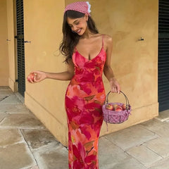 Floral Print Deep V Neck Sleeveless Maxi Dress