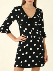 Black Polka Dot Print Three Quarter Sleeves Mini Dress
