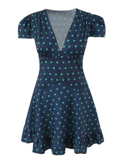 Blue Floral V-neck Short Sleeve Flare Mini Dress