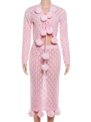 Pink Knit Puffball Cardigan Top And Midi Skirt Set