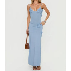 Blue Knit 3D Flower Decor Maxi Dress