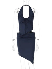 Navy Blue Halter Neck Drawstring Asymmetrical Top And Mini Skirt Set