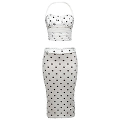 Polka Dots Slit Crop Top And Mid Skirts Set