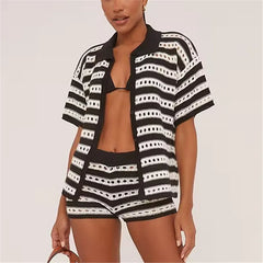 Striped Crochet Knit Short Sleeve Button Down Shirt and Shorts Hollow Out Set