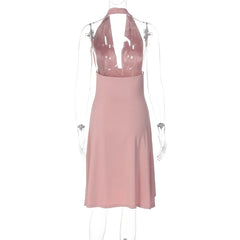 Pink Halter Ruffles Midi Dress