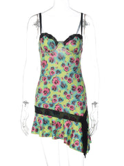 Green Floral Printed Lace Trim Mini Dress