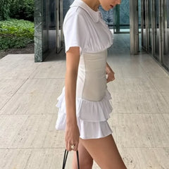 White Short Sleeve Collar Button Corset Patchwork Mini Dress