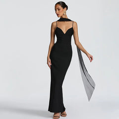 Strappy Solid V-Neck Maxi Dress With Scarf