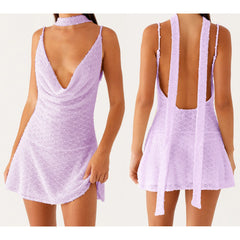 Women's sheer cowl ruffled hem cami mini dress with matching scarf.