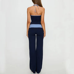 Blue Two Tone Halter Top with High Waisted Pants Set
