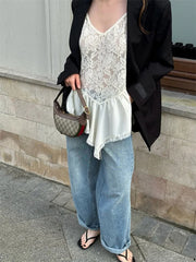 White Lace Printed Strap Long Top