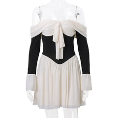 Bow Tie Up Off Shoulder Long Sleeve Short Dress