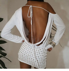 White Off-Shoulder Long Sleeve Studded Mini Dress
