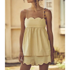 Scalloped Hem Babydoll Cami Tops And Wide Leg Shorts Set