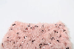 Pink Ruched Halter Open Back Top And Fur Sequin Shorts Set