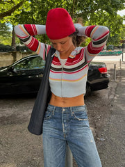 Striped Rainbow Knitted Cropped Cardigan And Blue Knit Pants Set