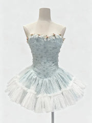 Strapless Mesh Patchwork 3D Flower Mini Dress