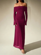 Off-Shoulder Flared Long Sleeve Sequined Maxi Dress