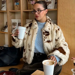 Animal Print Faux Fur Zip Short Coat