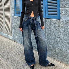 High Waist Rhinestone Wide Leg Jeans
