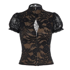 Black Lace High Neck Cut Out Short Sleeve Top