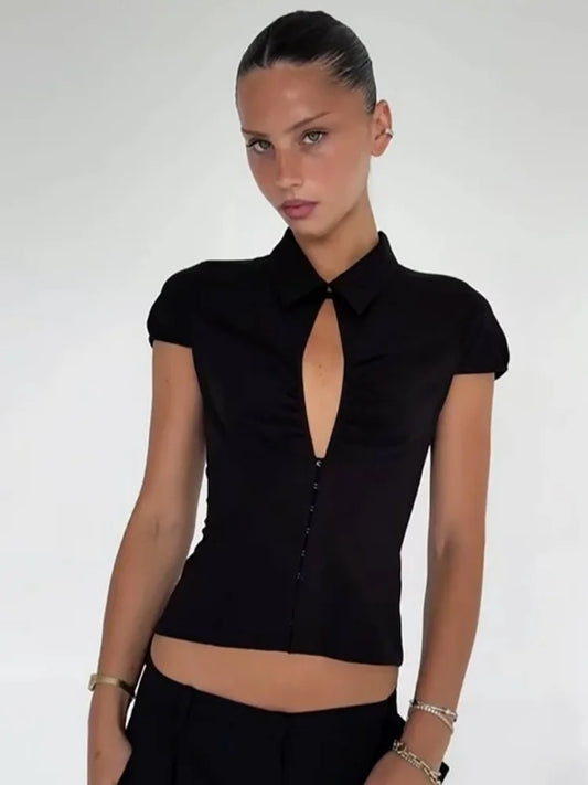 Black Collared Short Sleeve Cut Out Top