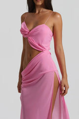 Mesh Spaghetti Strap Cut Out Slit Long Dress