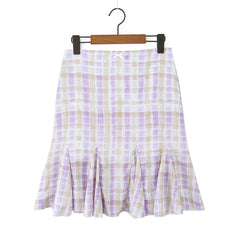 Plaid Print Bow Crop Top And Ruffles Hem Midi Skirt Set