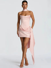 Strapless Draped Ruched Satin Mini Dress