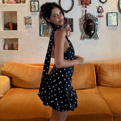Black Polka Dot Wrap Around Puff Hem Mini Dress