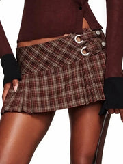 Brown Plaid ow Waist Metal Ring Pleated Mini Skirt
