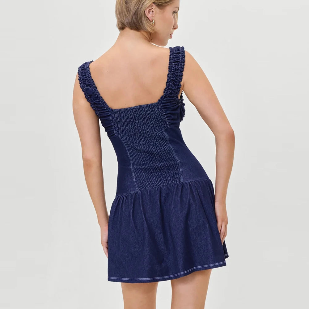 Women's blue button square neck sleeveless mini dress with A-line fit.