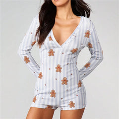 Gingerbread Man Bow Striped Long Sleeve Romper Pajama