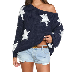 Star Pattern Blue Off Shoulder Sweater