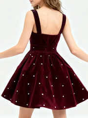 Bowknot Square Neck Sleeveless Beaded Mini Dress